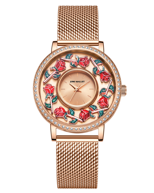 水晶活潑小盒手錶|玫瑰金極簡主義手錶帶浮動吊飾|灼熱的玫瑰