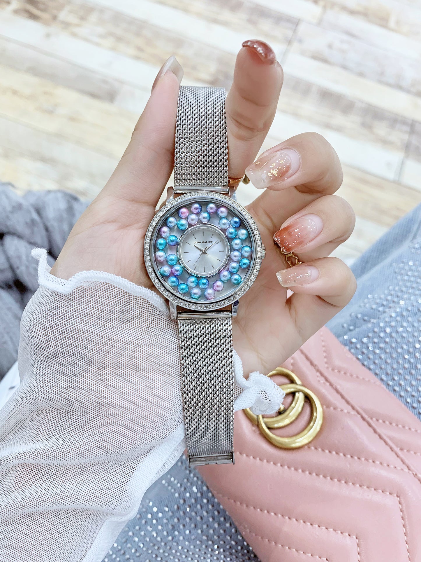 Crystal Lively Locket Watch | Silver Minimalist Watch with DIY Charms | Floating Pearls