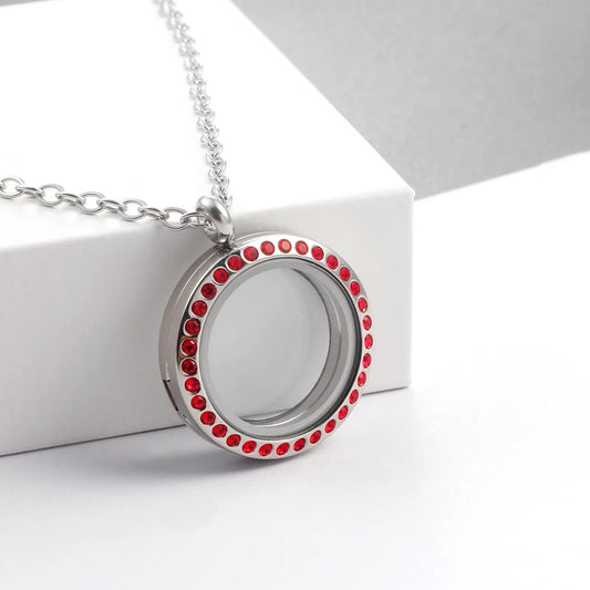Locket Charm · 25mm-Stainless-Steel-Magnetic-Opening-Round-Red-Crystal-Locket-Pendant-Floating-Women-Jewelry