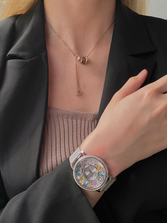 Crystal Lively Locket Watch | Women Silver Minimalist Watch with Secret Locket to Store Charms