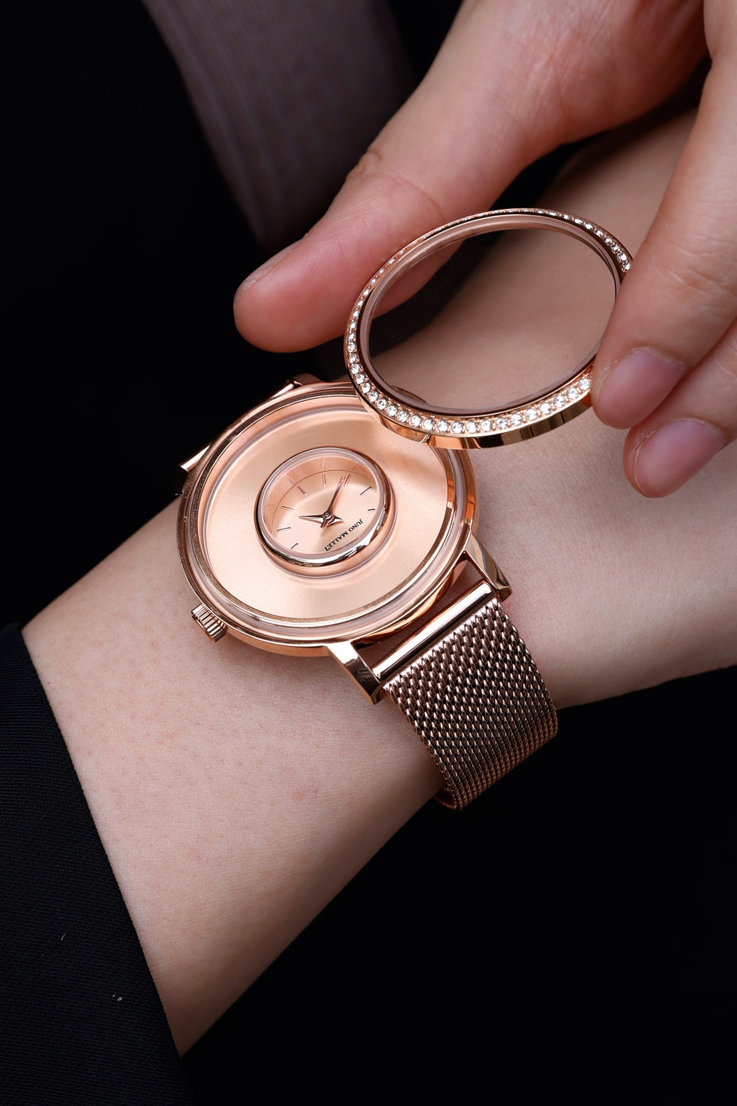 Crystal Lively Locket Watch | Rose Gold Minimalist Watch with Floating Charms | Scorching Rose