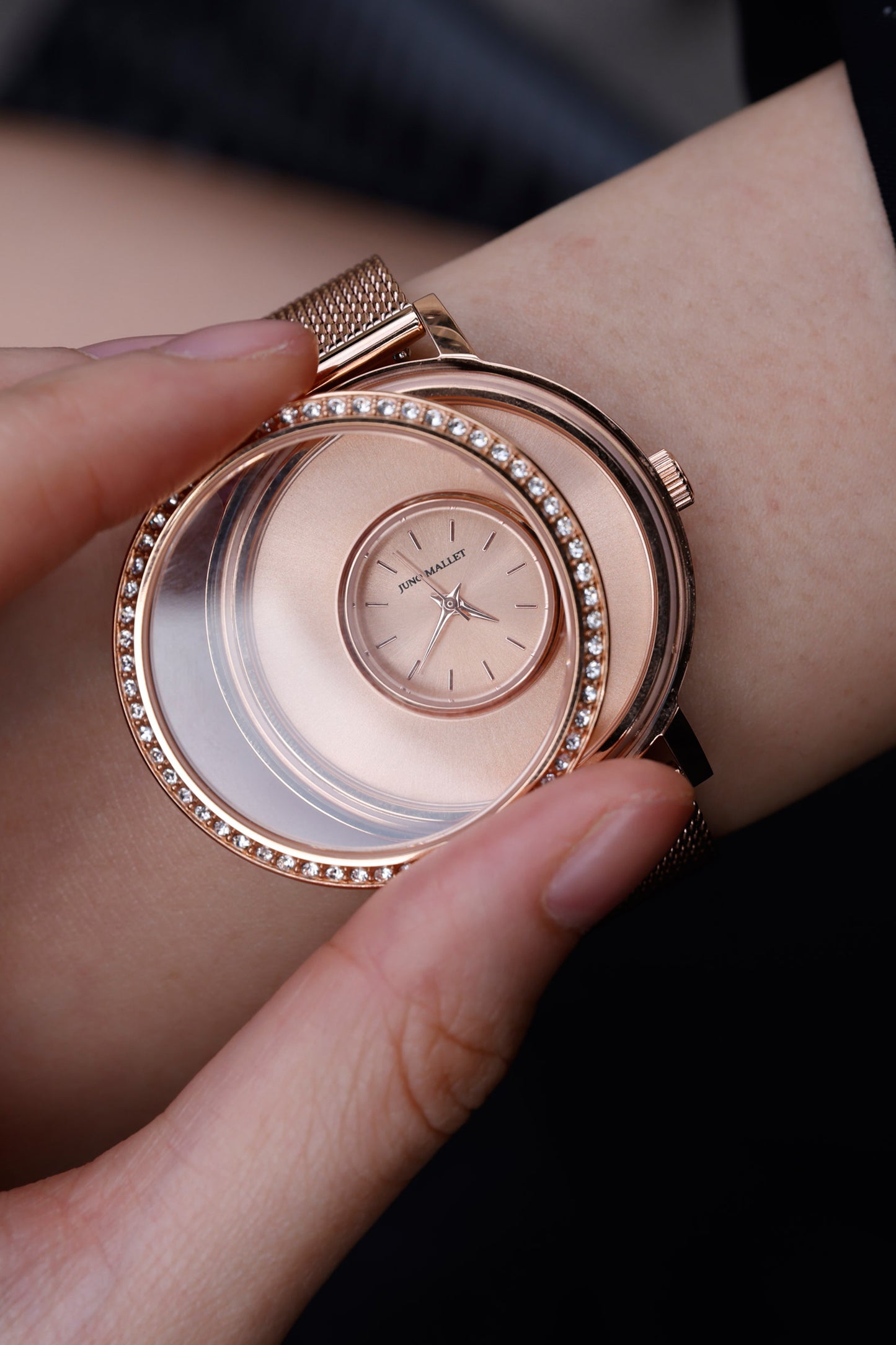 水晶活潑小盒手錶|玫瑰金極簡主義手錶帶浮動吊飾|甜品屋