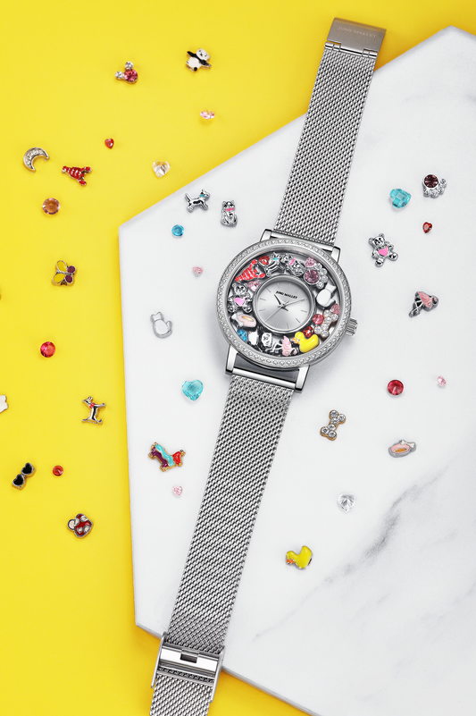 Crystal Lively Locket Watch | Ladies' Silver-Tone Minimalist Watch + DIY Floating Charms | Pet Animal Series
