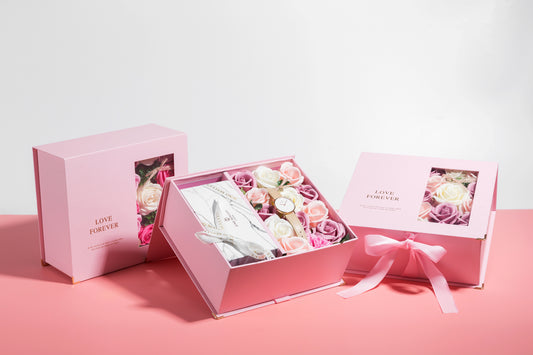 FOREVER LOVE Gift Box, Premium Light Pink Rectangle Gift Set, Large Floral Collapsible Gift Box with Magnetic Lid and Foldable Ribbons | no watch included