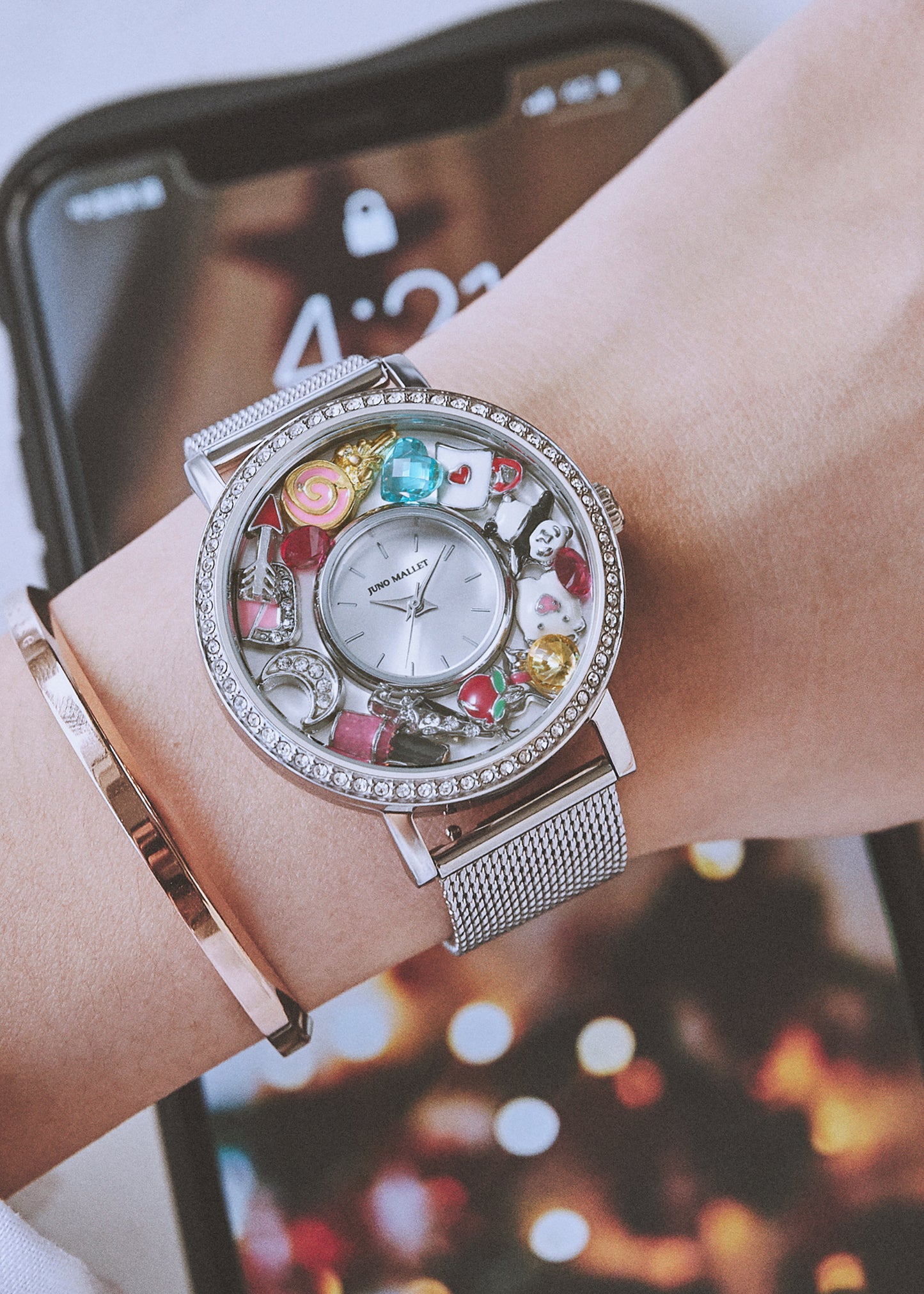 <transcy>水晶活潑小盒手錶|女士銀色簡約手錶+DIY浮飾|時尚可愛</transcy>