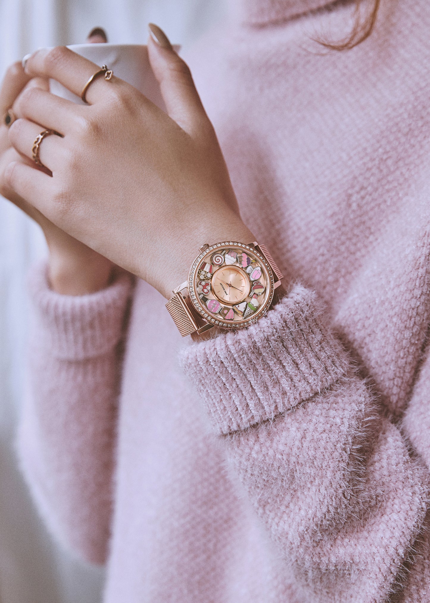 Crystal Lively Locket Watch | Rose Gold Minimalist Watch with Floating Charms | Dessert House