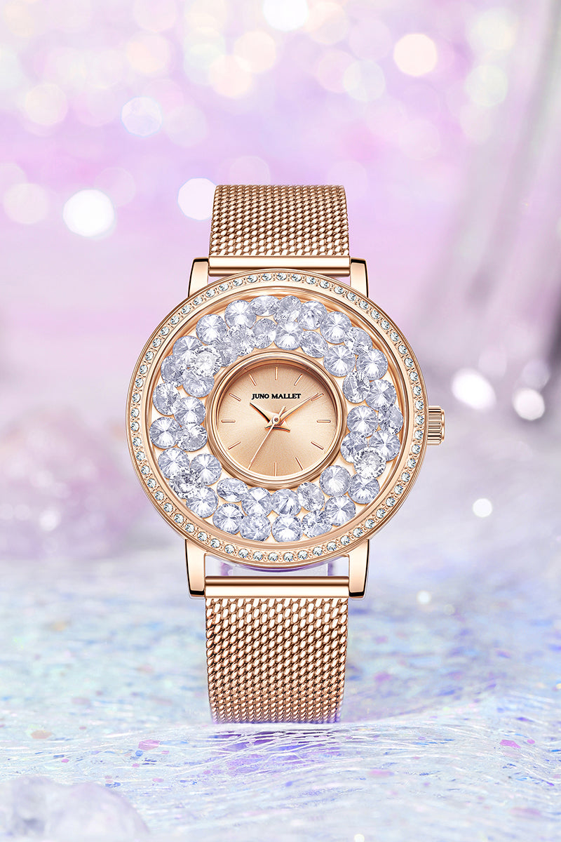 水晶活潑小盒手錶|玫瑰金極簡主義手錶帶浮動吊飾|閃閃發光的寶石