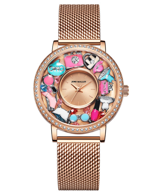 水晶活潑小盒手錶|玫瑰金極簡主義手錶帶浮動吊飾|時尚女孩