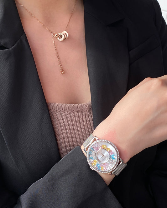 水晶活潑小盒手錶|女士銀色極簡主義手錶，帶秘密挂墜盒以存儲魅力