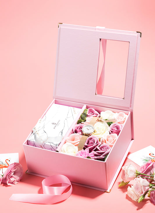 FOREVER LOVE Gift Box, Premium Light Pink Rectangle Gift Set, Large Floral Collapsible Gift Box with Magnetic Lid and Foldable Ribbons | no watch included